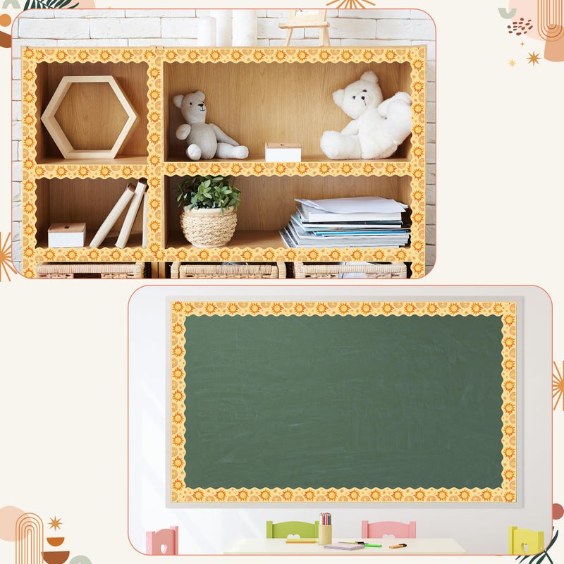 BeYumi Boho Sun Border Trim - 65ft Back to School Boho Sun Scalloped Rolled Border Trim Pastel Watercolor Bulletin Board Set Classroom Office Chalkboard Kindergarten Elementary Home Party Decoration - Image 5